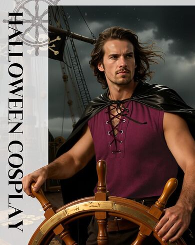 Cotton Mens Renaissance Shirt Pirate Medieval,Sleeveless Halloween Costume Steampunk Viking Lace-up Stand Collar Shirts in Saudi Arabia