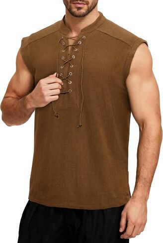 Cotton Mens Renaissance Shirt Pirate Medieval,Sleeveless Halloween Costume Steampunk Viking Lace-up Stand Collar Shirts in Saudi Arabia