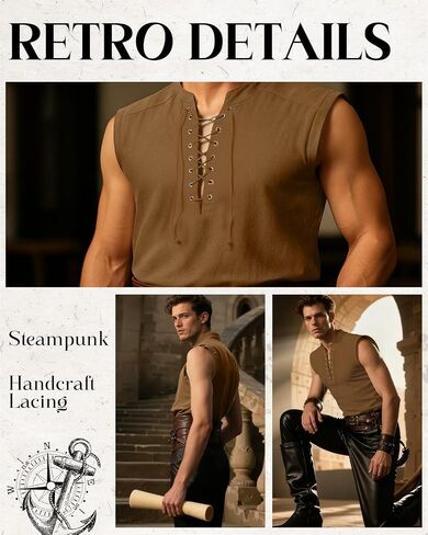 Cotton Mens Renaissance Shirt Pirate Medieval,Sleeveless Halloween Costume Steampunk Viking Lace-up Stand Collar Shirts in Saudi Arabia