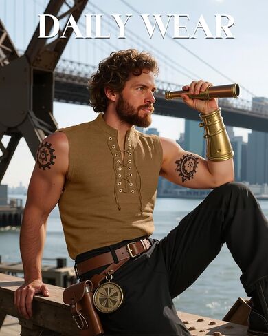Cotton Mens Renaissance Shirt Pirate Medieval,Sleeveless Halloween Costume Steampunk Viking Lace-up Stand Collar Shirts in Saudi Arabia