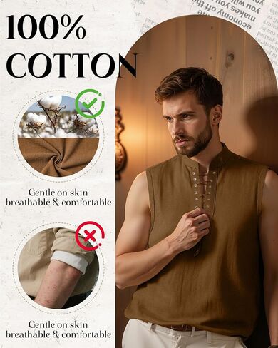 Cotton Mens Renaissance Shirt Pirate Medieval,Sleeveless Halloween Costume Steampunk Viking Lace-up Stand Collar Shirts in Saudi Arabia