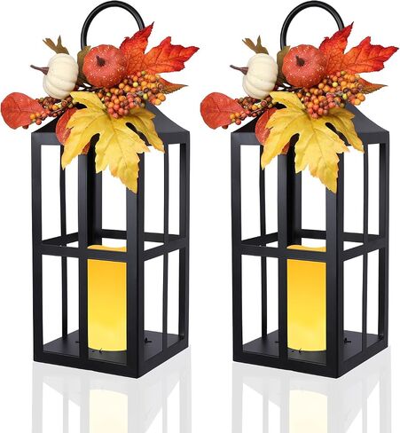 Bdor 2 Pack Fall Lantern Decor with LED Candle – 17.7 Inch Harvest Pumpkin Maple Leaf Hanging Lantern for Autumn Thanksgiving Table Centerpiece Indoor Outdoor Decoration, Battery Operated in Saudi Arabia