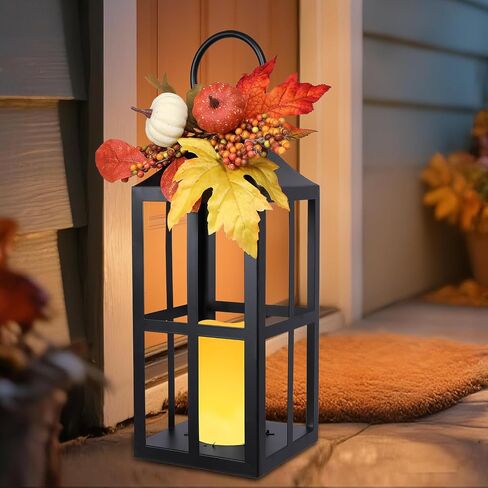 Bdor 2 Pack Fall Lantern Decor with LED Candle – 17.7 Inch Harvest Pumpkin Maple Leaf Hanging Lantern for Autumn Thanksgiving Table Centerpiece Indoor Outdoor Decoration, Battery Operated in Saudi Arabia