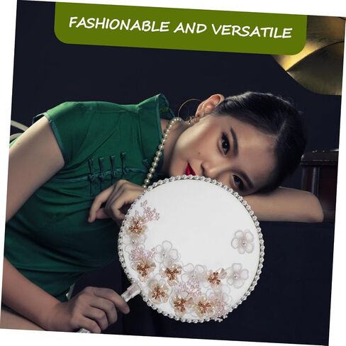 Cabilock Chinese Vintage Round Fan with Realistic Floral Embellishments for Summer Weddings and Dance Events Elegant Handheld Paddle Fan Moon White for Brides and Decorative in Saudi Arabia