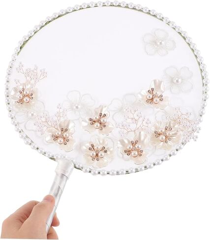 Cabilock Chinese Vintage Round Fan with Realistic Floral Embellishments for Summer Weddings and Dance Events Elegant Handheld Paddle Fan Moon White for Brides and Decorative in Saudi Arabia