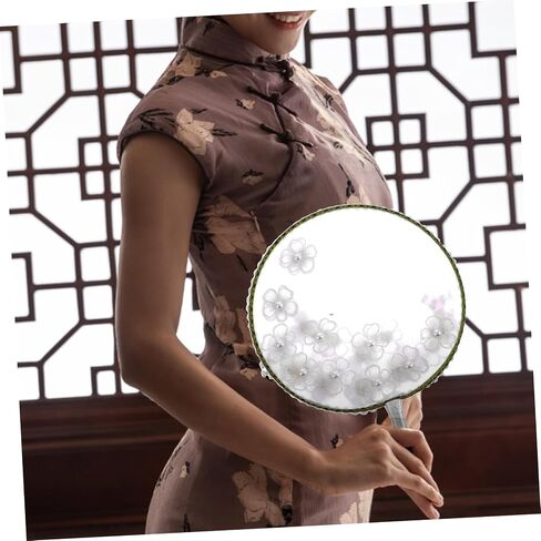 Cabilock Chinese Vintage Round Fan with Realistic Floral Embellishments for Summer Weddings and Dance Events Elegant Handheld Paddle Fan Moon White for Brides and Decorative in Saudi Arabia