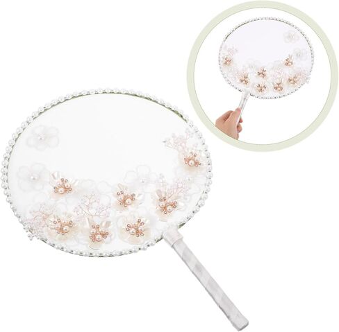 Cabilock Chinese Vintage Round Fan with Realistic Floral Embellishments for Summer Weddings and Dance Events Elegant Handheld Paddle Fan Moon White for Brides and Decorative in Saudi Arabia