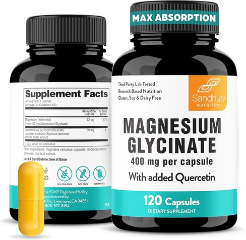 Sandhu's Magnesium Glycinate 400mg Capsules with Quercetin | Quality Sleep, Relaxation, Muscle Health & Immune Support | 120 Count (Pack of 1) | Easy to Swallow | for Women and Men in Kuwait