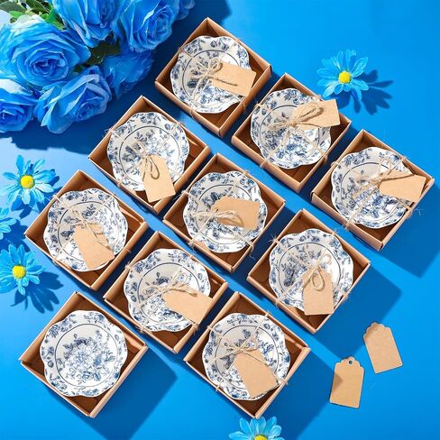 24 Pcs Wedding Favors for Guests Small Ceramic Bowl Bulk Gifts Set 3.3 Inch Floral Design Mini Dipping Bowl Sauce Dish with Cards Box for Bridal Baby Shower Birthday Guest Gift (Blue) in Saudi Arabia