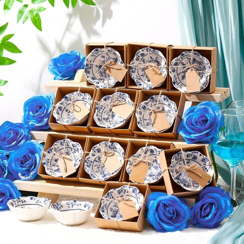24 Pcs Wedding Favors for Guests Small Ceramic Bowl Bulk Gifts Set 3.3 Inch Floral Design Mini Dipping Bowl Sauce Dish with Cards Box for Bridal Baby Shower Birthday Guest Gift (Blue) in Saudi Arabia