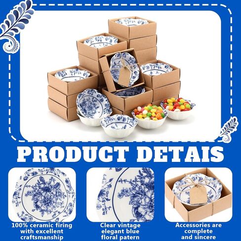 24 Pcs Wedding Favors for Guests Small Ceramic Bowl Bulk Gifts Set 3.3 Inch Floral Design Mini Dipping Bowl Sauce Dish with Cards Box for Bridal Baby Shower Birthday Guest Gift (Blue) in Saudi Arabia