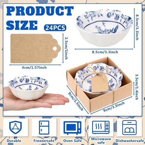 24 Pcs Wedding Favors for Guests Small Ceramic Bowl Bulk Gifts Set 3.3 Inch Floral Design Mini Dipping Bowl Sauce Dish with Cards Box for Bridal Baby Shower Birthday Guest Gift (Blue) in Saudi Arabia
