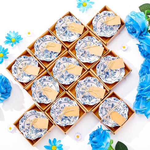 24 Pcs Wedding Favors for Guests Small Ceramic Bowl Bulk Gifts Set 3.3 Inch Floral Design Mini Dipping Bowl Sauce Dish with Cards Box for Bridal Baby Shower Birthday Guest Gift (Blue) in Saudi Arabia