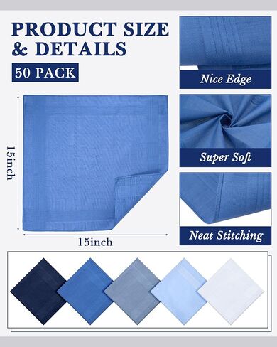 50 Pcs Men Handkerchiefs 16 x 16 Inch Cotton Handkerchiefs with Stitching Assorted Color Soft Square Hankies Gift for Father Husband Boyfriend,5 Colors,Breathable & Absorbent Everyday Carry in Saudi Arabia