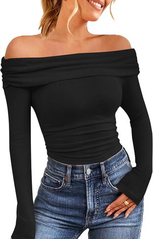 HOTOUCH Women Off Shoulder Tops Long Sleeves Casual Dressy Blouses Y2K Clothes Trendy Slim Fit Sexy Going Out Tops Shirt in Saudi Arabia