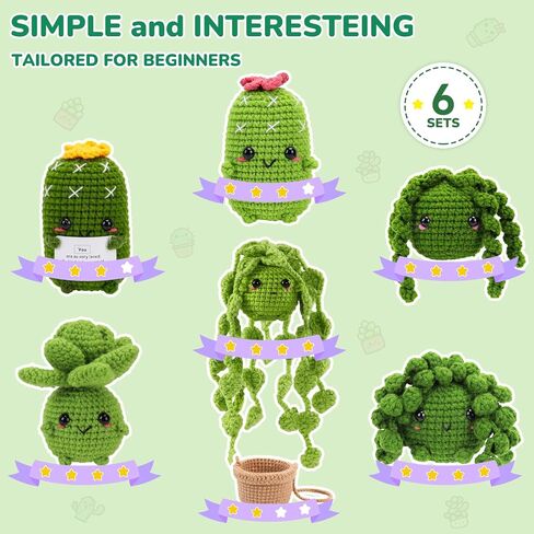 Crochet Kit | Crochet Kit for Beginners | Beginner Crochet Kit with Step by Step Video Lessons | 6 PC Potted Plants and Succulent Family Crochet Kit with Crochet Accessories(40%+ Yarn) in Saudi Arabia