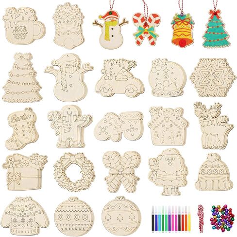 60 Pcs Wooden Christmas Ornaments, 30 Styles DIY Unfinished Wood Crafts, Predrilled Natural Wood Slices Christmas Ornament Kit with Strings Colored Bells and Pens for Kids Xmas Tree Hanging Decoration in Saudi Arabia