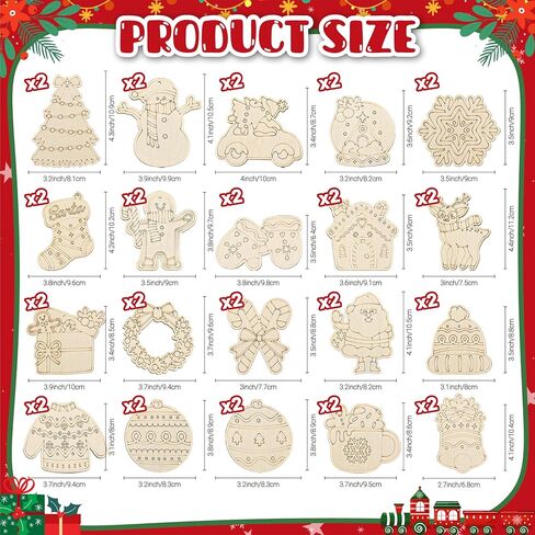 60 Pcs Wooden Christmas Ornaments, 30 Styles DIY Unfinished Wood Crafts, Predrilled Natural Wood Slices Christmas Ornament Kit with Strings Colored Bells and Pens for Kids Xmas Tree Hanging Decoration in Saudi Arabia