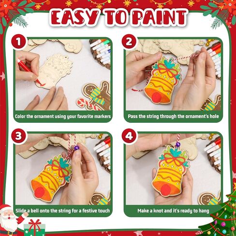 60 Pcs Wooden Christmas Ornaments, 30 Styles DIY Unfinished Wood Crafts, Predrilled Natural Wood Slices Christmas Ornament Kit with Strings Colored Bells and Pens for Kids Xmas Tree Hanging Decoration in Saudi Arabia