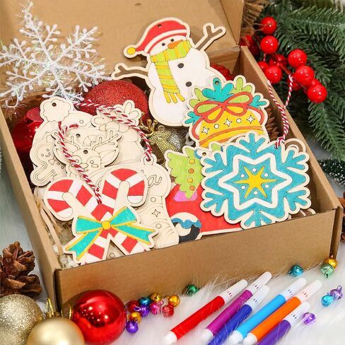 60 Pcs Wooden Christmas Ornaments, 30 Styles DIY Unfinished Wood Crafts, Predrilled Natural Wood Slices Christmas Ornament Kit with Strings Colored Bells and Pens for Kids Xmas Tree Hanging Decoration in Saudi Arabia