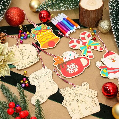 60 Pcs Wooden Christmas Ornaments, 30 Styles DIY Unfinished Wood Crafts, Predrilled Natural Wood Slices Christmas Ornament Kit with Strings Colored Bells and Pens for Kids Xmas Tree Hanging Decoration in Saudi Arabia