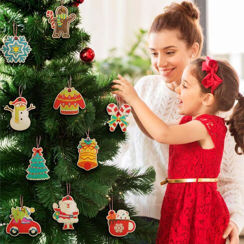 60 Pcs Wooden Christmas Ornaments, 30 Styles DIY Unfinished Wood Crafts, Predrilled Natural Wood Slices Christmas Ornament Kit with Strings Colored Bells and Pens for Kids Xmas Tree Hanging Decoration in Saudi Arabia