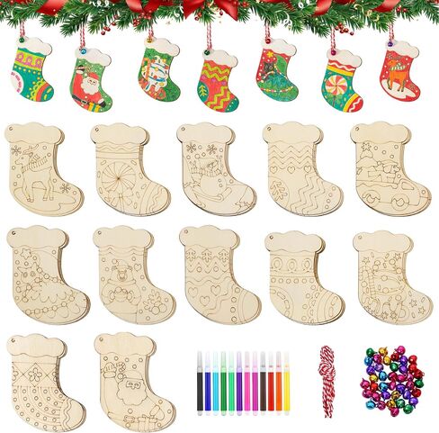 60 Pcs Wooden Christmas Ornaments, 30 Styles DIY Unfinished Wood Crafts, Predrilled Natural Wood Slices Christmas Ornament Kit with Strings Colored Bells and Pens for Kids Xmas Tree Hanging Decoration in Saudi Arabia