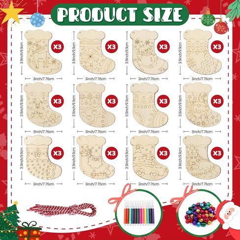 60 Pcs Wooden Christmas Ornaments, 30 Styles DIY Unfinished Wood Crafts, Predrilled Natural Wood Slices Christmas Ornament Kit with Strings Colored Bells and Pens for Kids Xmas Tree Hanging Decoration in Saudi Arabia