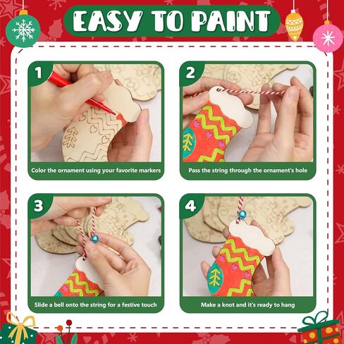 60 Pcs Wooden Christmas Ornaments, 30 Styles DIY Unfinished Wood Crafts, Predrilled Natural Wood Slices Christmas Ornament Kit with Strings Colored Bells and Pens for Kids Xmas Tree Hanging Decoration in Saudi Arabia