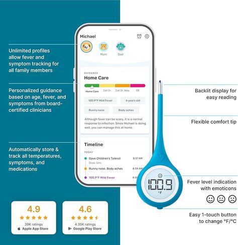 ميزان حرارة الأذن الذكي من كينسا للحمى - مقياس حرارة طبي بالأشعة تحت الحمراء - معتمد من إدارة الغذاء والدواء الأمريكية لقراءات درجة حرارة الجسم لجميع الأعمار - يتصل بتطبيق الهاتف الذكي لتتبع الأعراض والحصول على إرشادات المرض in Kuwait