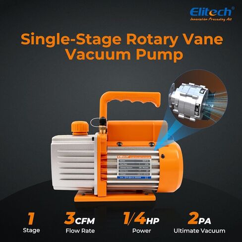 Elitech NVP-3 HVAC مضخة الفراغ 3CFM 1.5L/S 1/4HP مضخة هواء دوار دوار دوار واحد لأنظمة HVAC وأنظمة التبريد ، متينة وسهلة الصيانة in Saudi Arabia