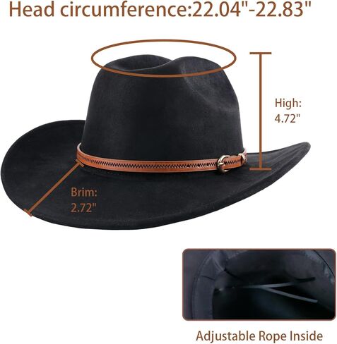 قبعة رعاة البقر للنساء والرجال ، قبعات رعاة البقر الغربية للجنسين ، كلاسيكية شعرت بحافة واسعة من قبعة رعاة البقر رعاة البقر مع حزام ، أسود in Kuwait