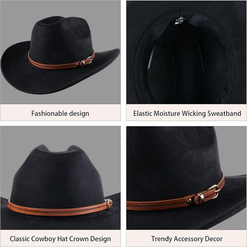 قبعة رعاة البقر للنساء والرجال ، قبعات رعاة البقر الغربية للجنسين ، كلاسيكية شعرت بحافة واسعة من قبعة رعاة البقر رعاة البقر مع حزام ، أسود in Kuwait