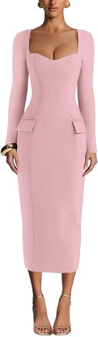 Women's Square Bodycon Dress Pocket Long Sleeve Slim Fit Sexy Party Club Maxi Pencil Dresses in Saudi Arabia