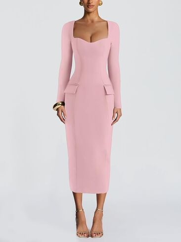 Women's Square Bodycon Dress Pocket Long Sleeve Slim Fit Sexy Party Club Maxi Pencil Dresses in Saudi Arabia