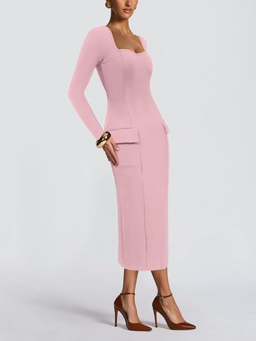 Women's Square Bodycon Dress Pocket Long Sleeve Slim Fit Sexy Party Club Maxi Pencil Dresses in Saudi Arabia