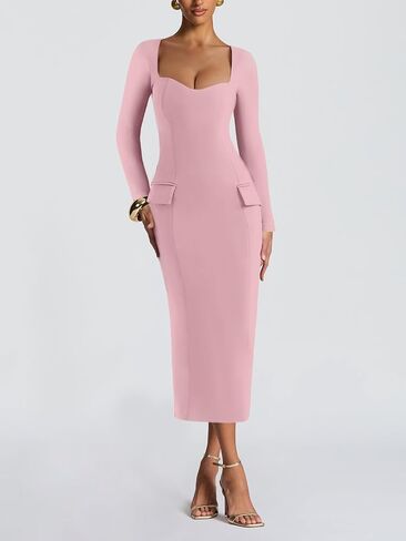 Women's Square Bodycon Dress Pocket Long Sleeve Slim Fit Sexy Party Club Maxi Pencil Dresses in Saudi Arabia