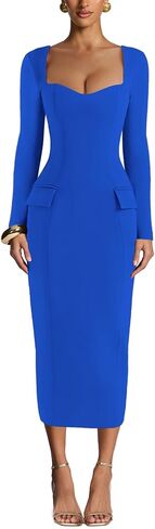 Women's Square Bodycon Dress Pocket Long Sleeve Slim Fit Sexy Party Club Maxi Pencil Dresses in Saudi Arabia