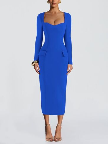 Women's Square Bodycon Dress Pocket Long Sleeve Slim Fit Sexy Party Club Maxi Pencil Dresses in Saudi Arabia