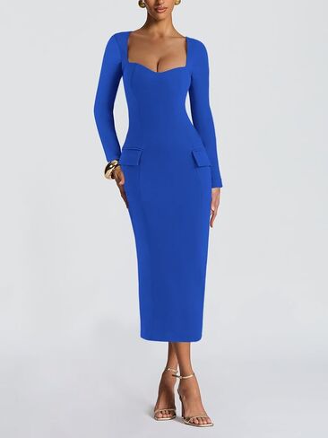 Women's Square Bodycon Dress Pocket Long Sleeve Slim Fit Sexy Party Club Maxi Pencil Dresses in Saudi Arabia