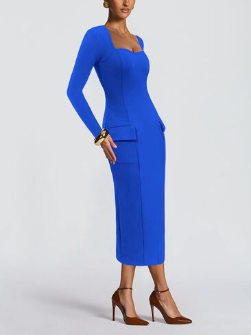Women's Square Bodycon Dress Pocket Long Sleeve Slim Fit Sexy Party Club Maxi Pencil Dresses in Saudi Arabia