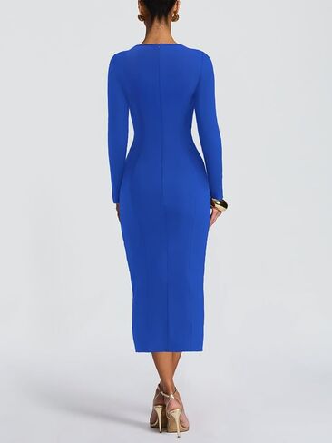 Women's Square Bodycon Dress Pocket Long Sleeve Slim Fit Sexy Party Club Maxi Pencil Dresses in Saudi Arabia