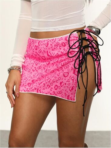 SOLY HUX Women's Sequin Lace Up Tie Side Mini Skirt Zebra Striped Drop Waist Skirts in Kuwait