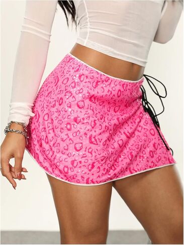 SOLY HUX Women's Sequin Lace Up Tie Side Mini Skirt Zebra Striped Drop Waist Skirts in Kuwait