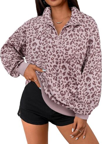 Hilinker Womens Cheetah Print Oversized Sweatshirt Half Zip Pullover Corduroy Long Sleeve Tops in Saudi Arabia