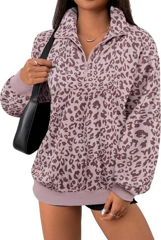 Hilinker Womens Cheetah Print Oversized Sweatshirt Half Zip Pullover Corduroy Long Sleeve Tops in Saudi Arabia