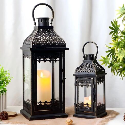 JHY DESIGN Set of 2 Antique Grey Decorative Lanterns Metal Candle Lanterns for Indoor Outdoor Events Parities and Weddings Vintage Style Hanging Lantern in Kuwait