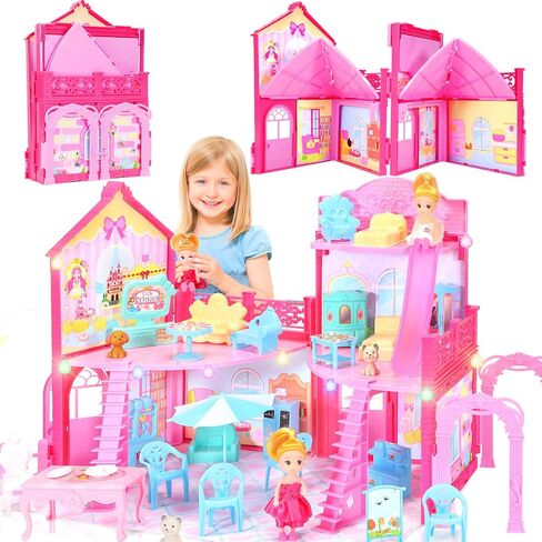 Dollhouse with 4-Story 11 Rooms, Dream Gift Princess Doll House Playset with Furniture, Blue Toddler House with Pool Slide for 3 4 5 6 7 8 9 10 Year Old Girls Kids in Saudi Arabia