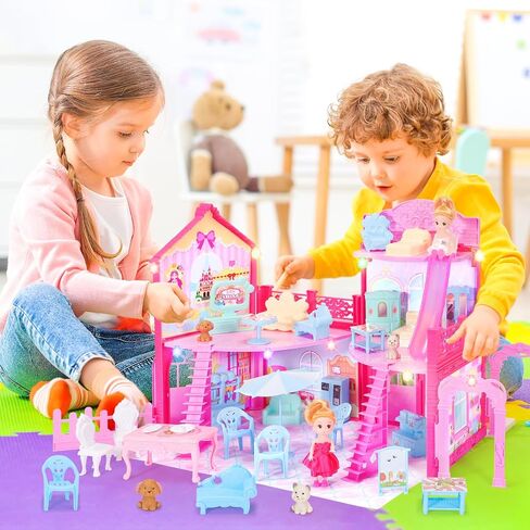 Dollhouse with 4-Story 11 Rooms, Dream Gift Princess Doll House Playset with Furniture, Blue Toddler House with Pool Slide for 3 4 5 6 7 8 9 10 Year Old Girls Kids in Saudi Arabia