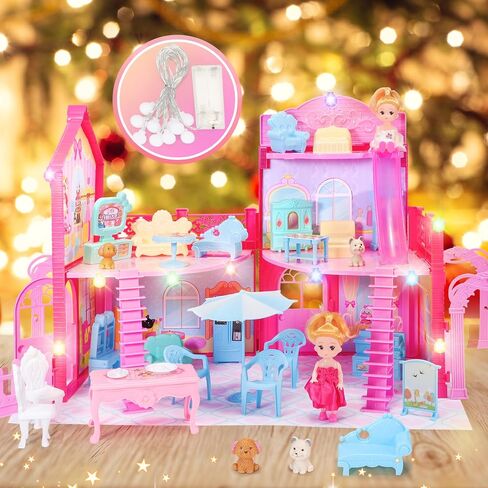 Dollhouse with 4-Story 11 Rooms, Dream Gift Princess Doll House Playset with Furniture, Blue Toddler House with Pool Slide for 3 4 5 6 7 8 9 10 Year Old Girls Kids in Saudi Arabia